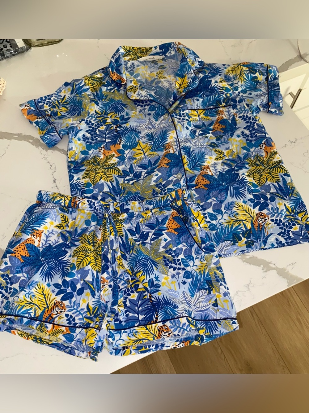 PRINTFRESH FOR ANTHROPOLOGIE BLUE TIGER ANIMAL PAJAMA SET SZ SMALL S SHORTS